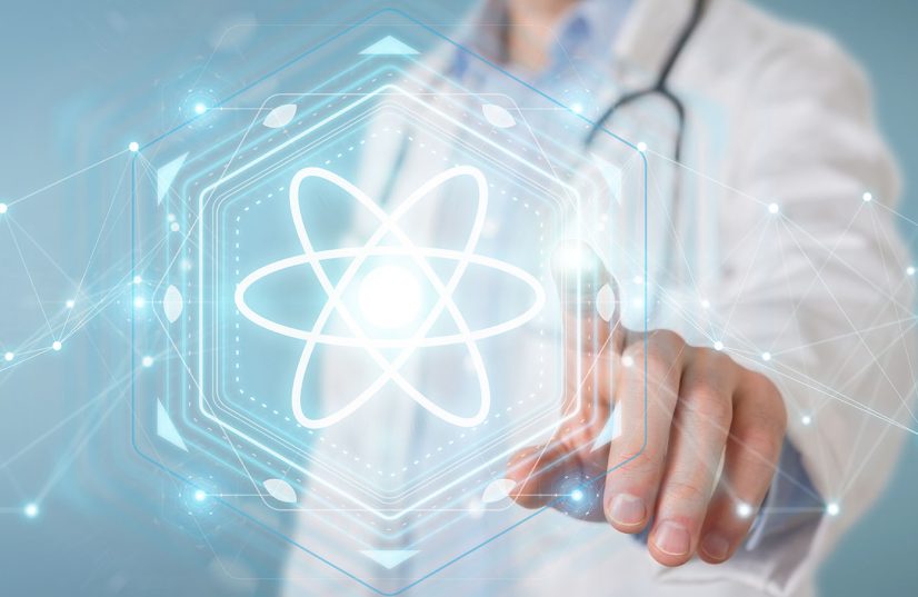 Doctor on blurred background using digital molecule interface 3D rendering